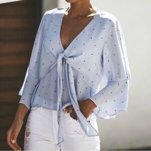 LUSH Sky Blue Polka Dot Patterned Tie-Front Blouse with Bell Sleeves